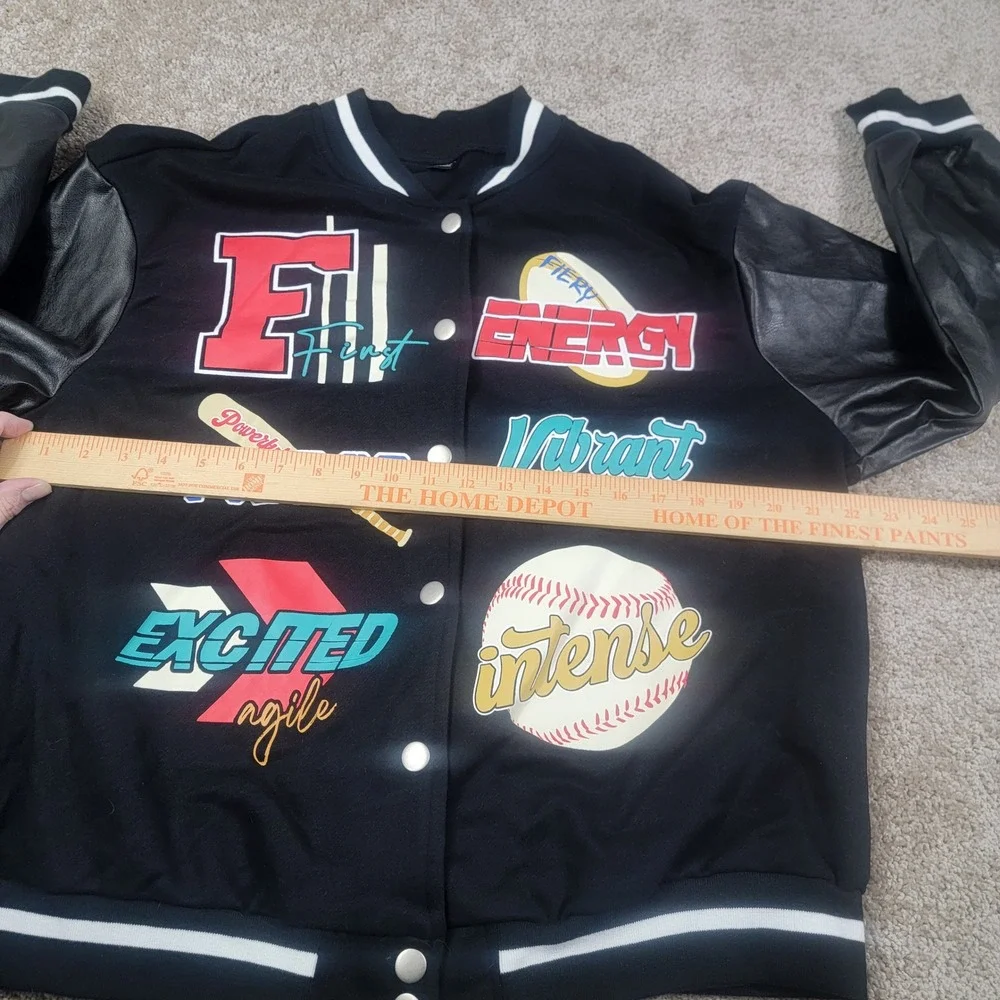 SHEIN Baseball Jacket‎ Varsity Style Graphic Print Black Faux Leather L